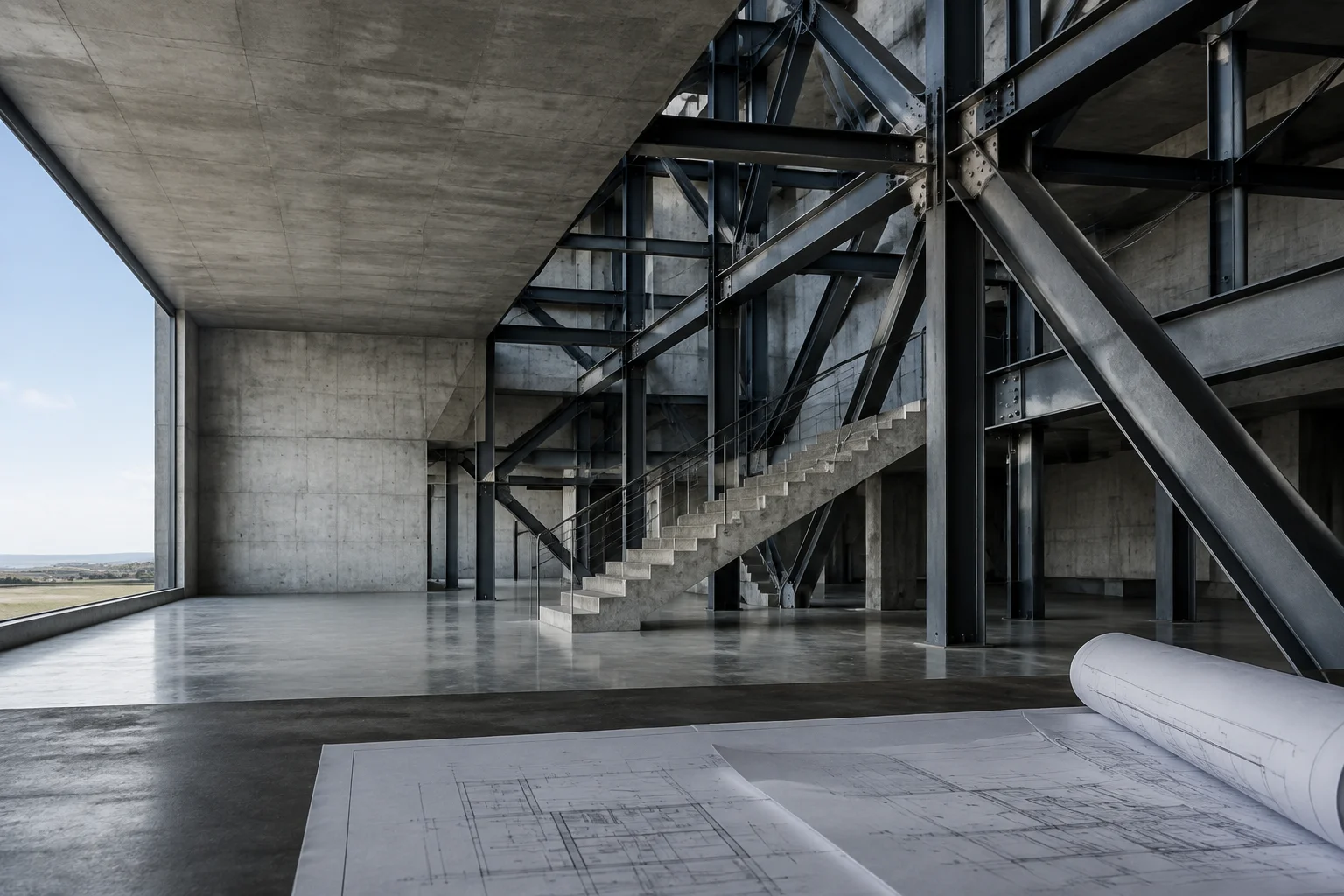 Steel beams and concrete with architectural plans in the foreground.