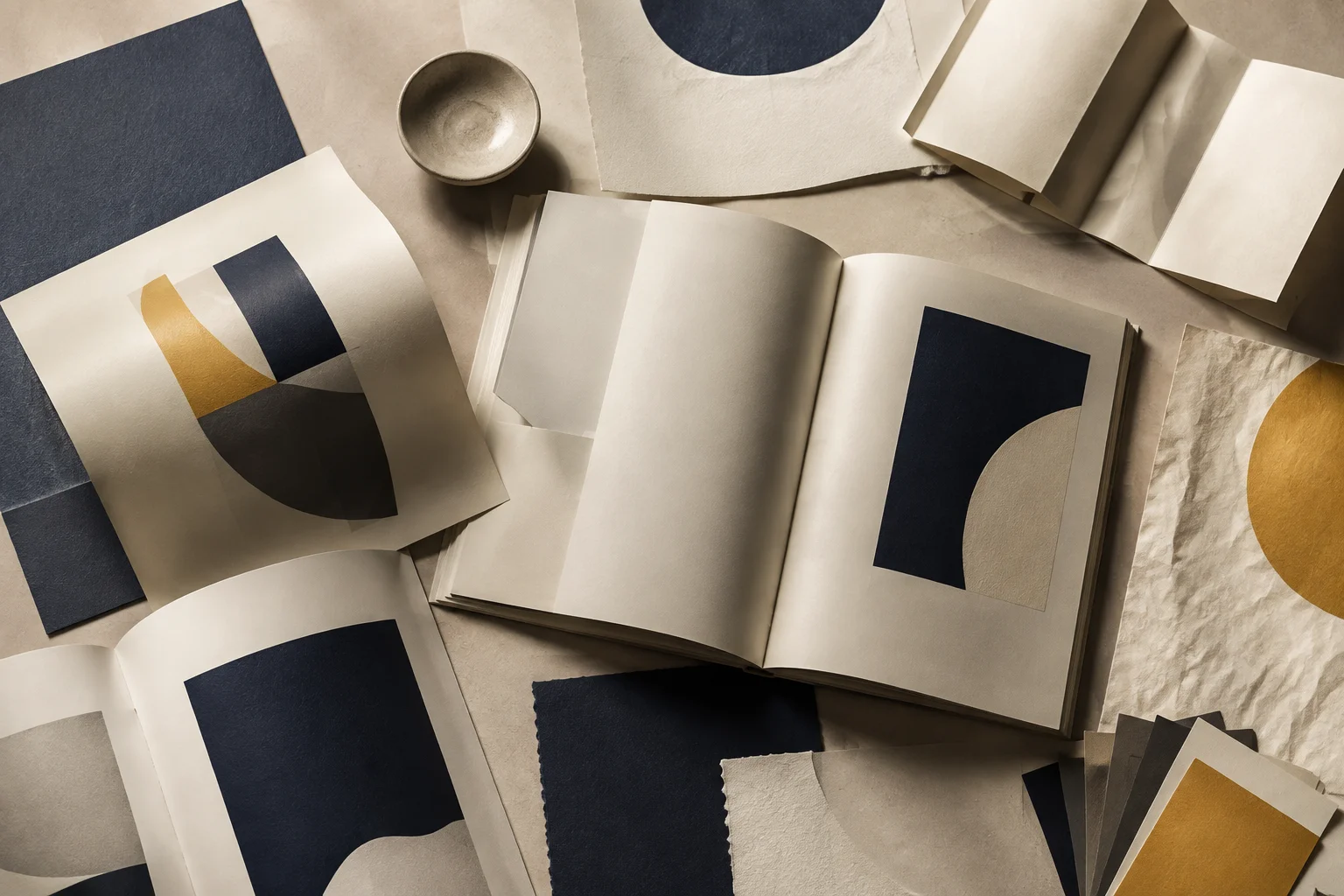 Editorial paper layouts and navy, cream, and yellow color swatches.