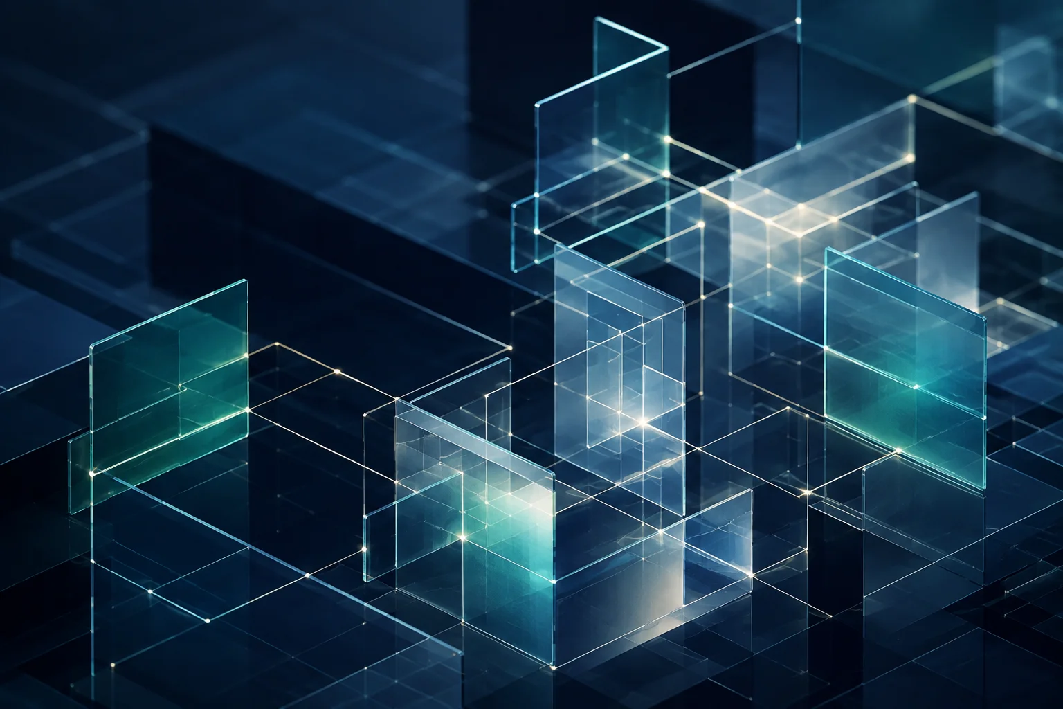 Translucent panels connected by fine lines in a blue-green network.