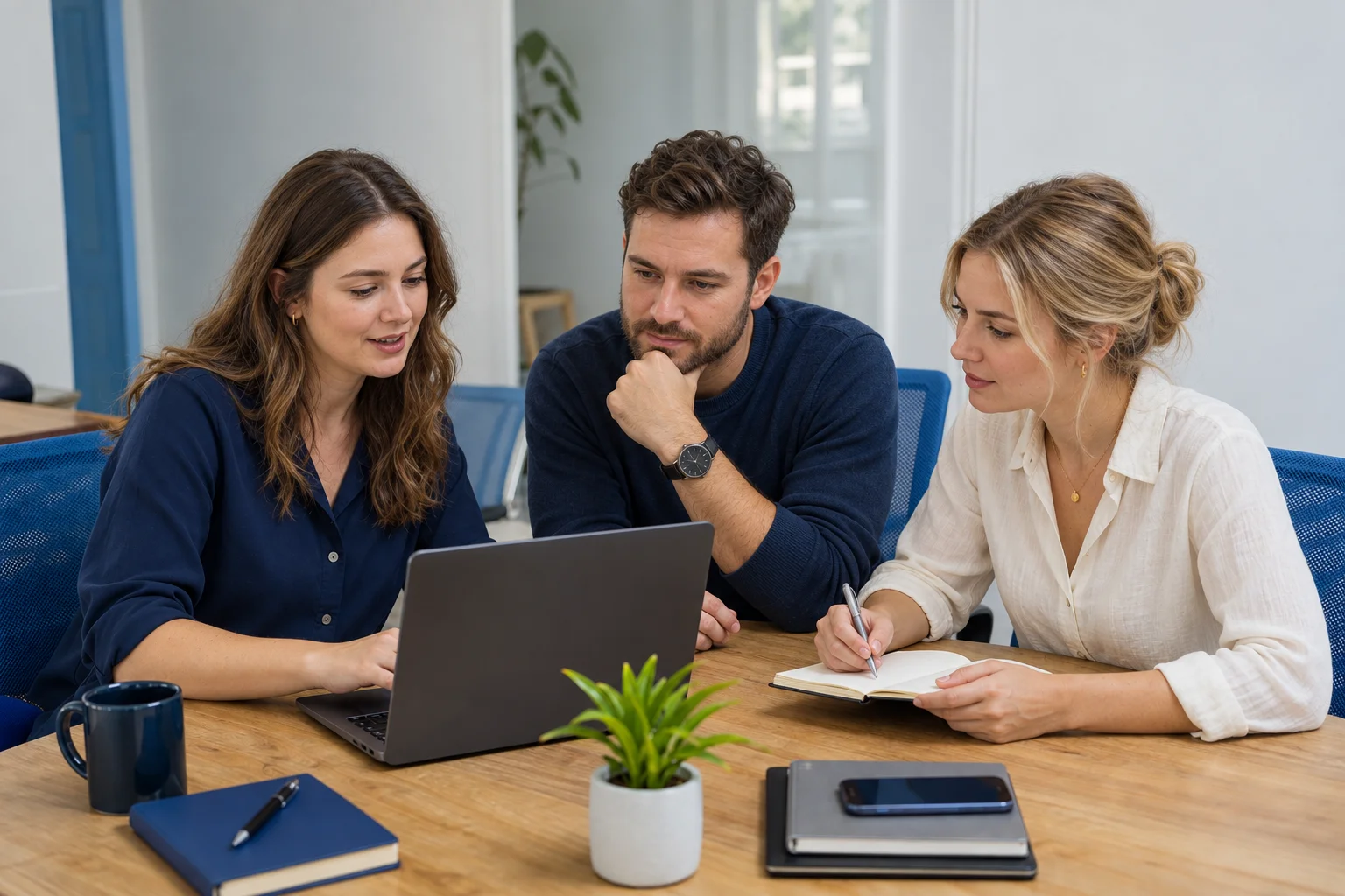 A team working together around a table with laptops and notes.