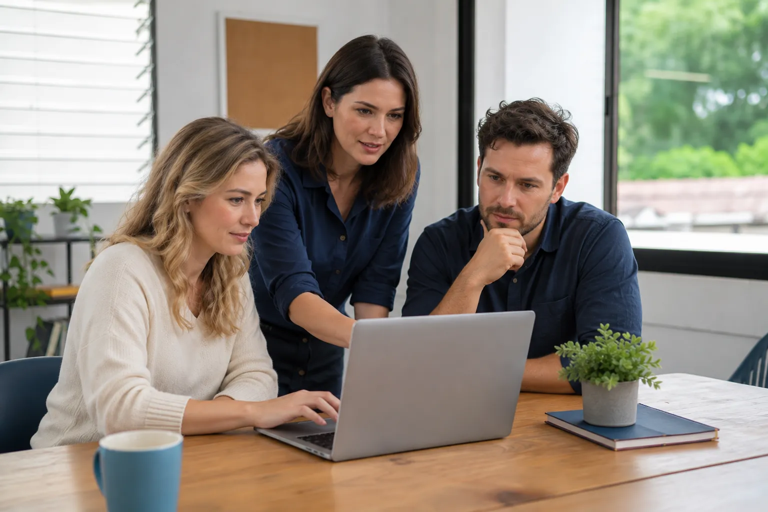A facilitator and two adult learners reviewing work on a laptop.