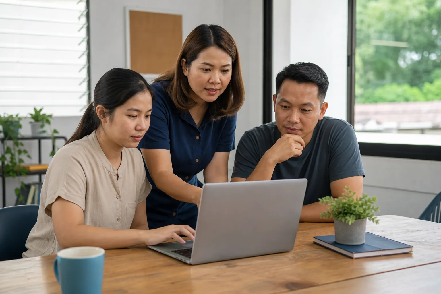 A facilitator and two adult learners reviewing work on a laptop.