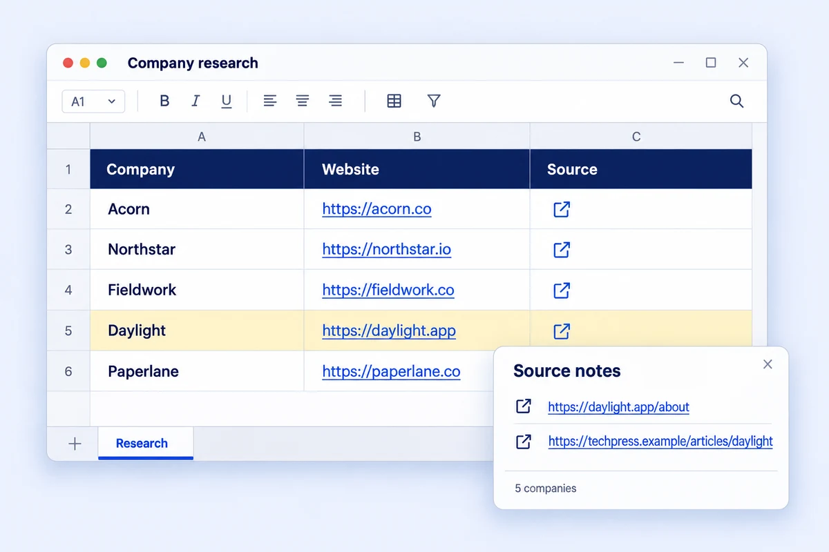 Illustration of a five-company research workbook with linked source notes