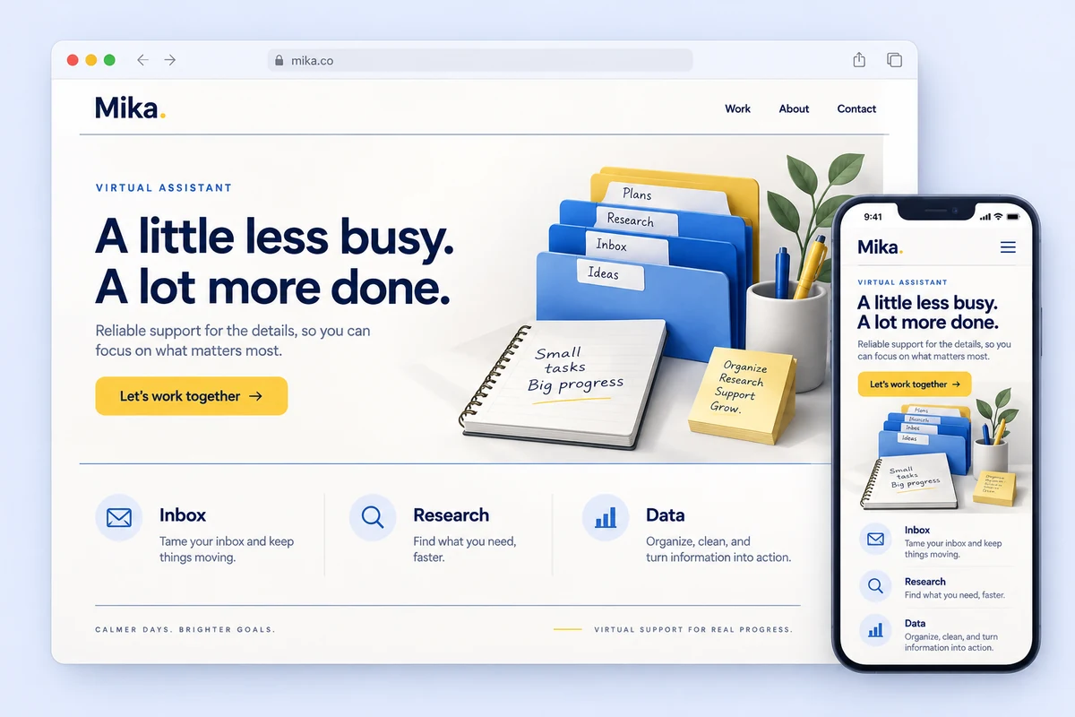 Illustration of a virtual assistant portfolio on desktop and mobile
